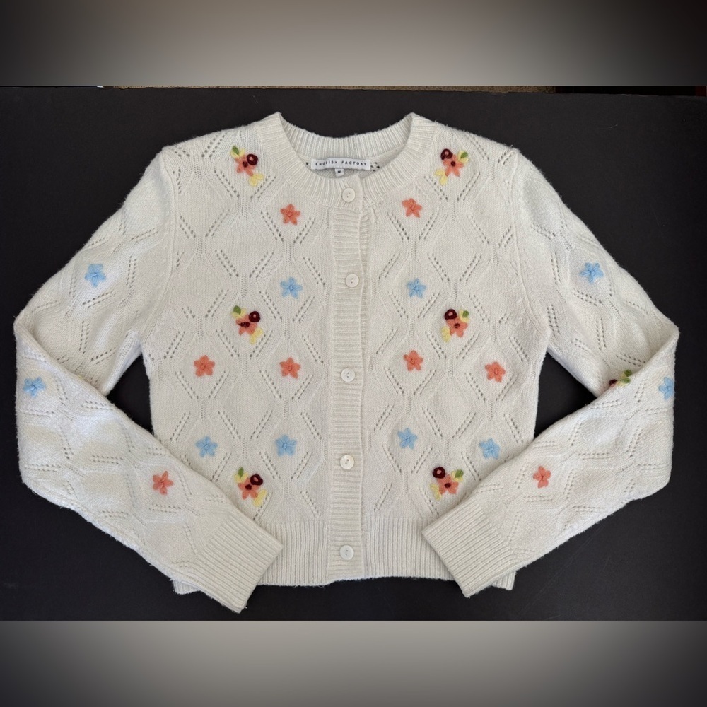 English Factory Floral Handmade Embroidery floral knit Cardigan pointelle - Picture 9 of 10